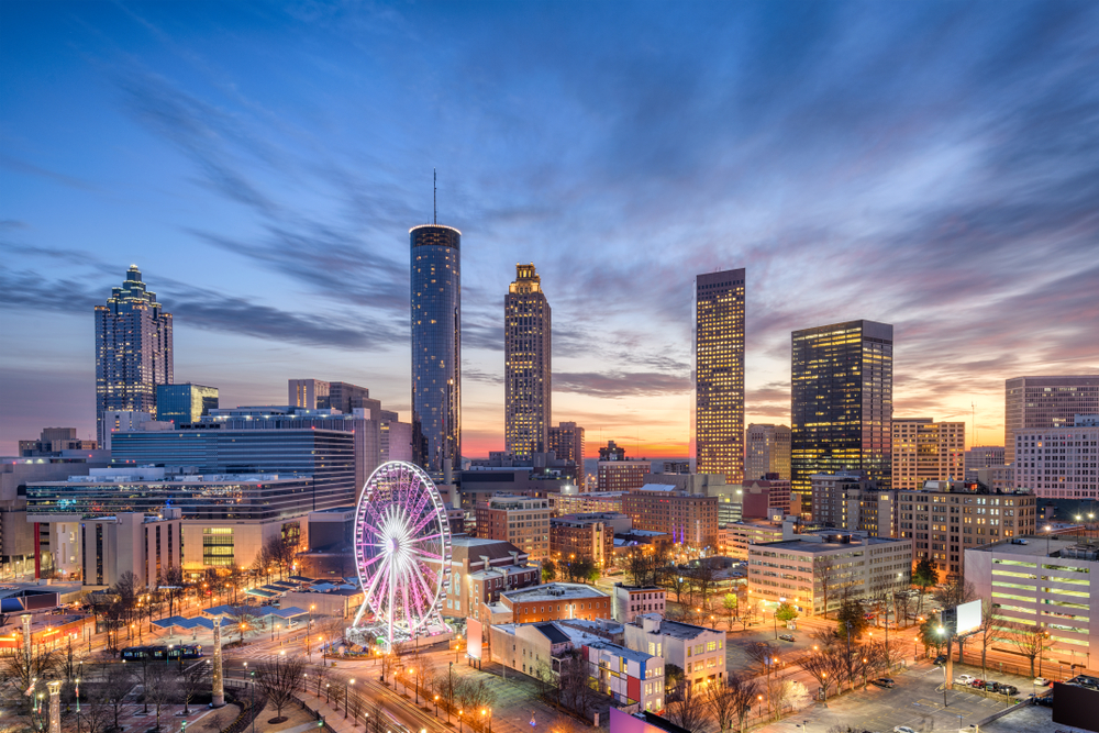 Atlanta skyline at dusk with the SkyView Ferris wheel and downtown skyscrapers