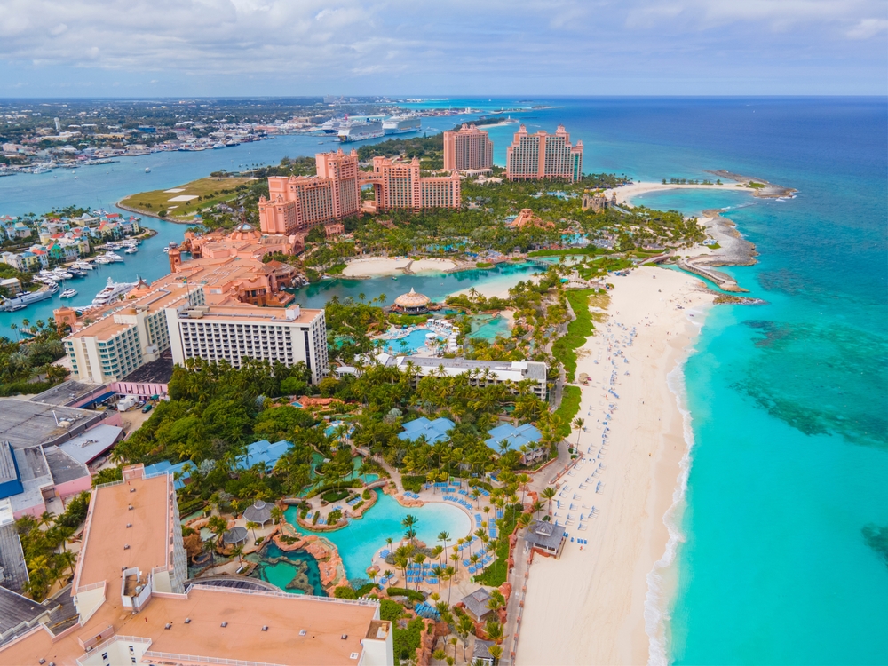 Aerial view of turquoise waters and islands in the Bahamas