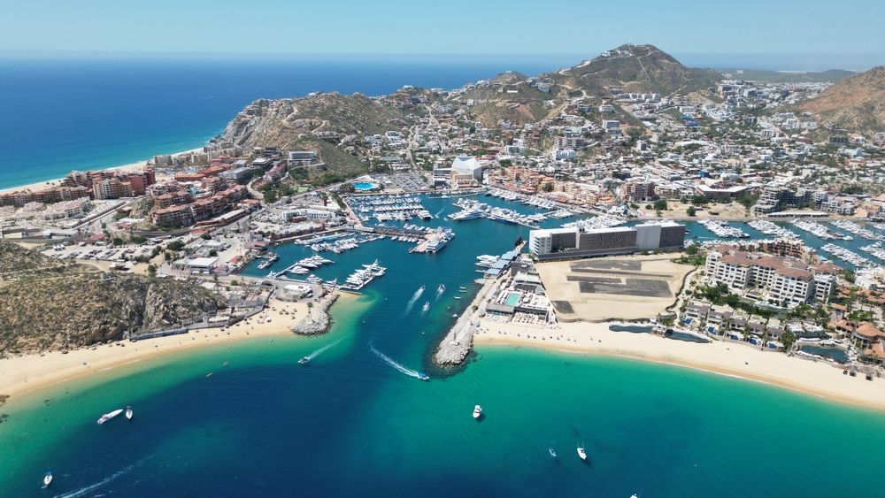 Aerial view of Cabo San Lucas with El Arco and turquoise ocean