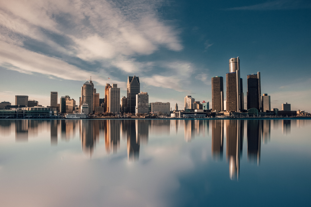 Detroit skyline reflected in the Detroit River