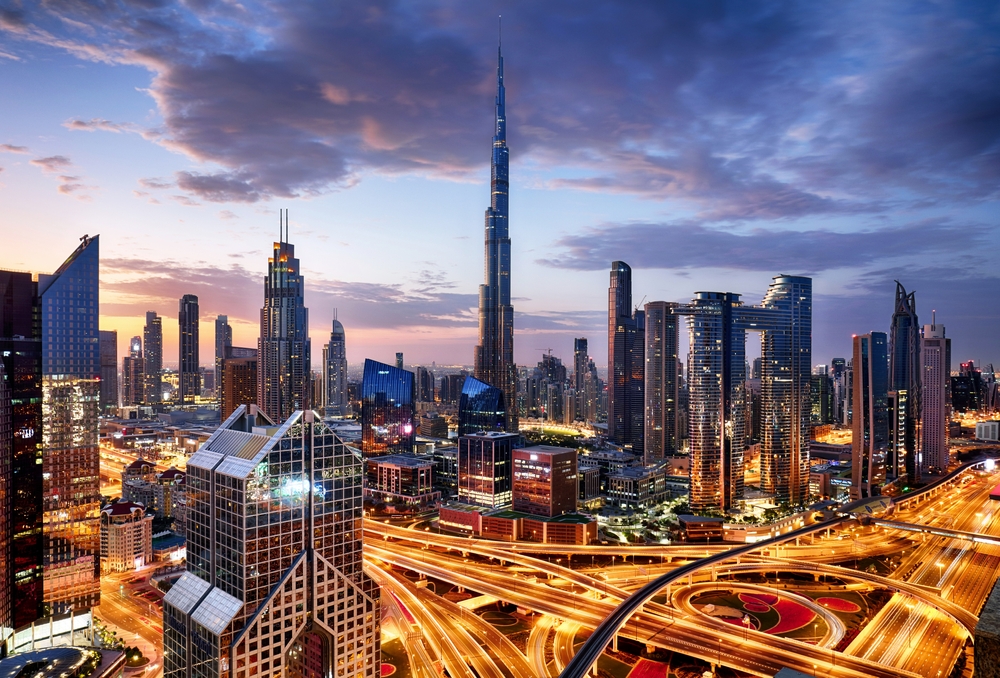 Dubai skyline with Burj Khalifa at sunset