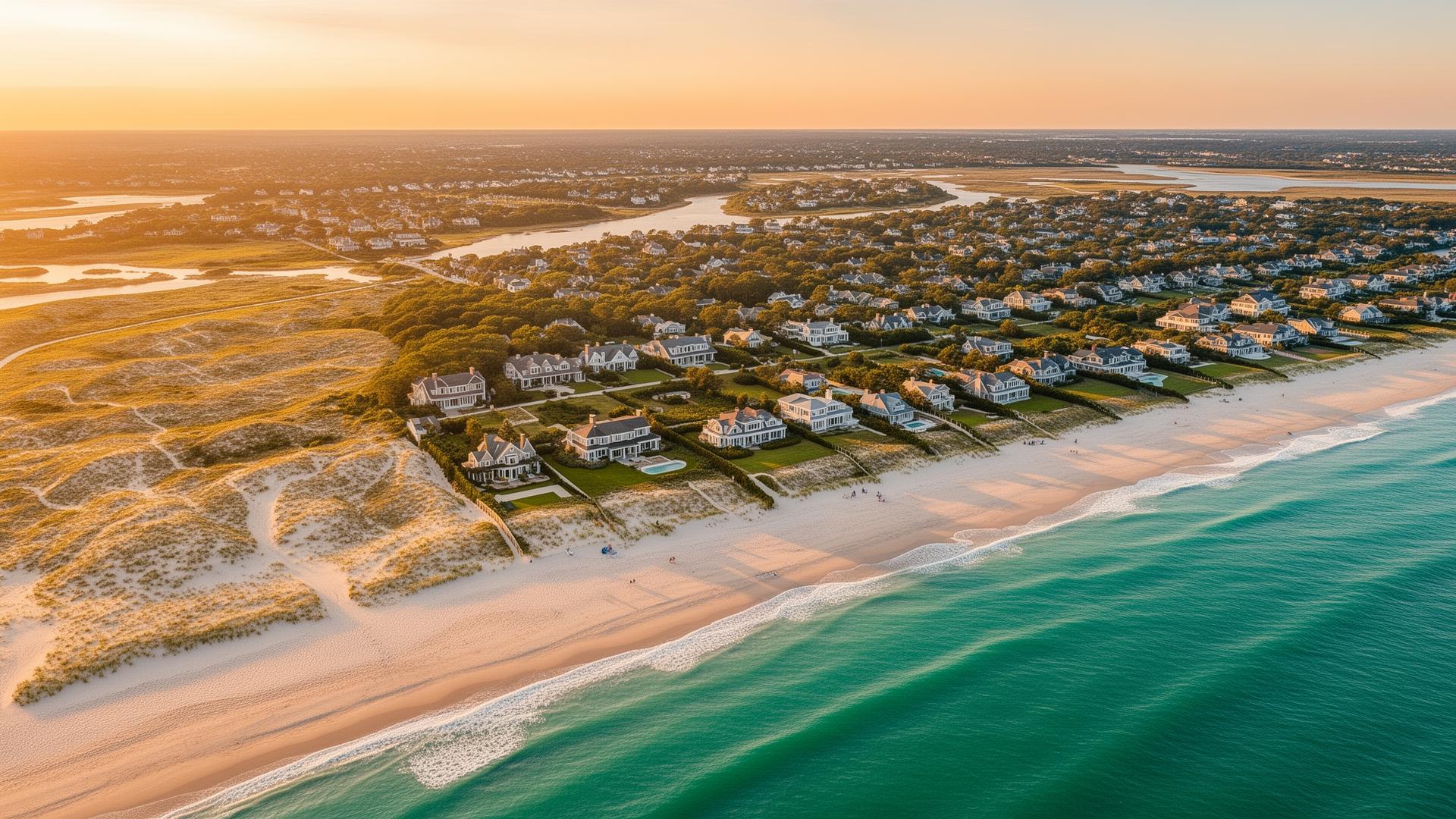 Aerial view of the Hamptons coastline with beach estates and Atlantic Ocean