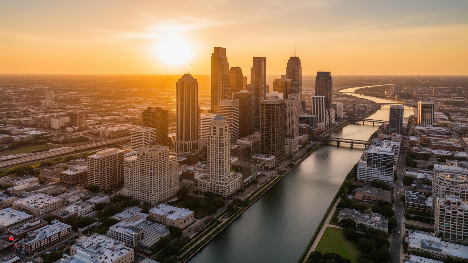 Aerial view of Houston Texas skyline and Buffalo Bayou