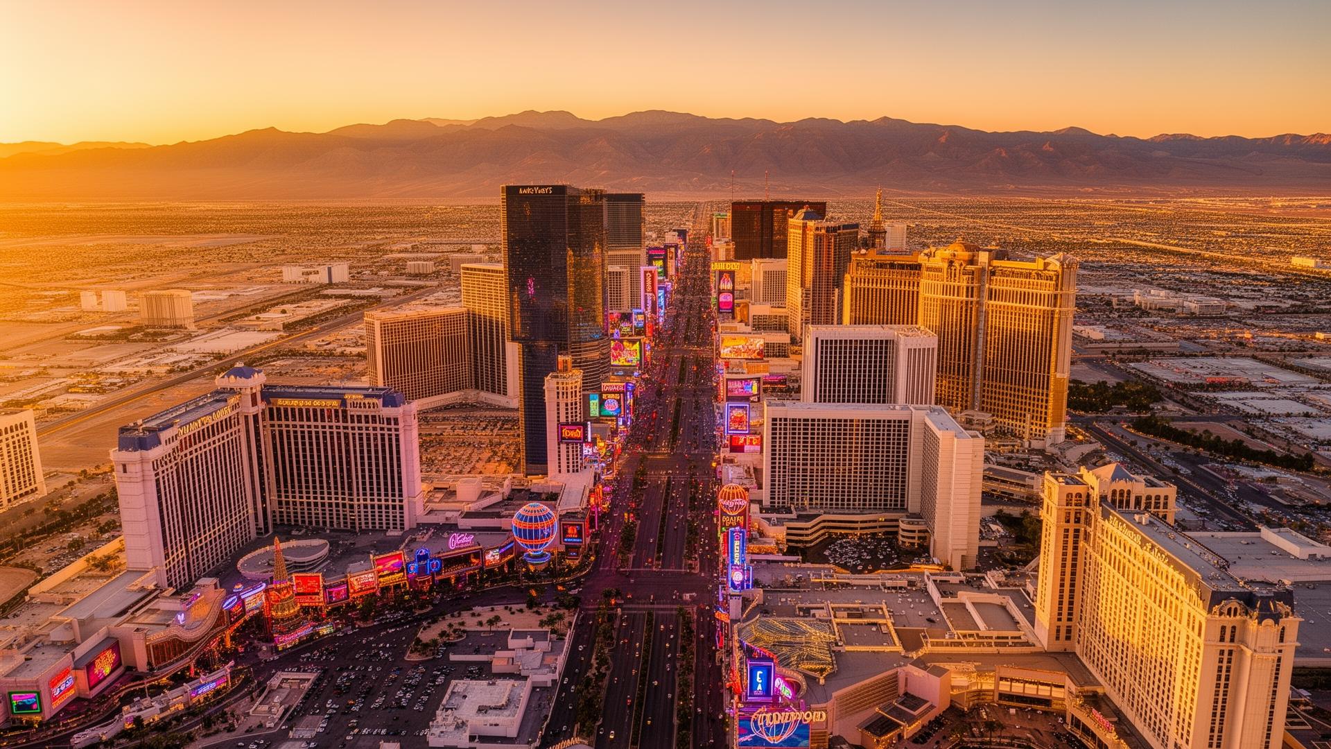 Aerial view of the Las Vegas Strip at golden hour