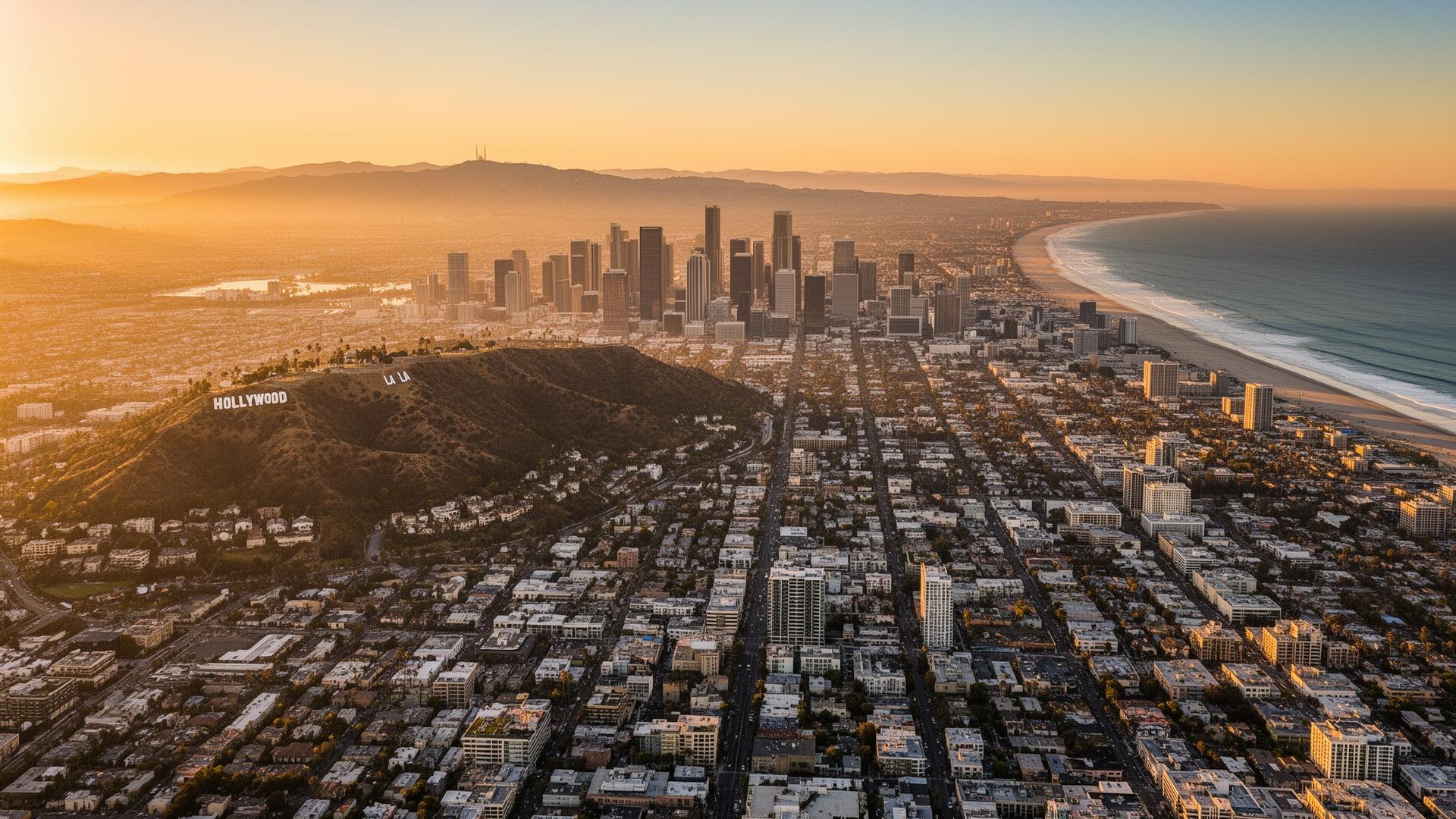 Aerial view of Los Angeles at golden hour with downtown skyline and Pacific coastline
