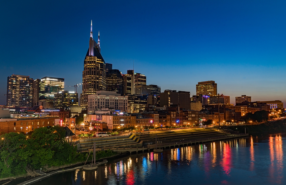 Nashville skyline at twilight with Cumberland River reflections