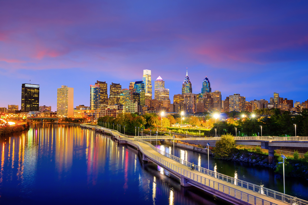 Philadelphia skyline at twilight with Schuylkill River