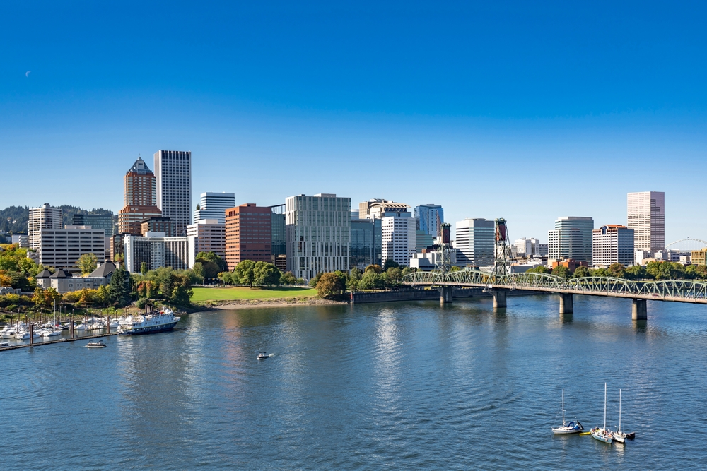 Portland skyline with Willamette River and Hawthorne Bridge