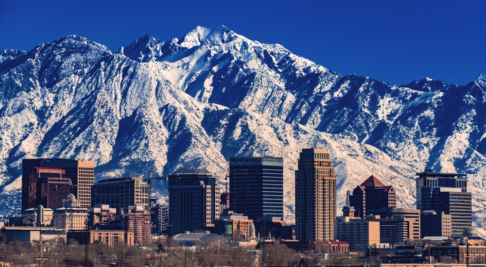 Salt Lake City skyline with snow-capped Wasatch Mountains
