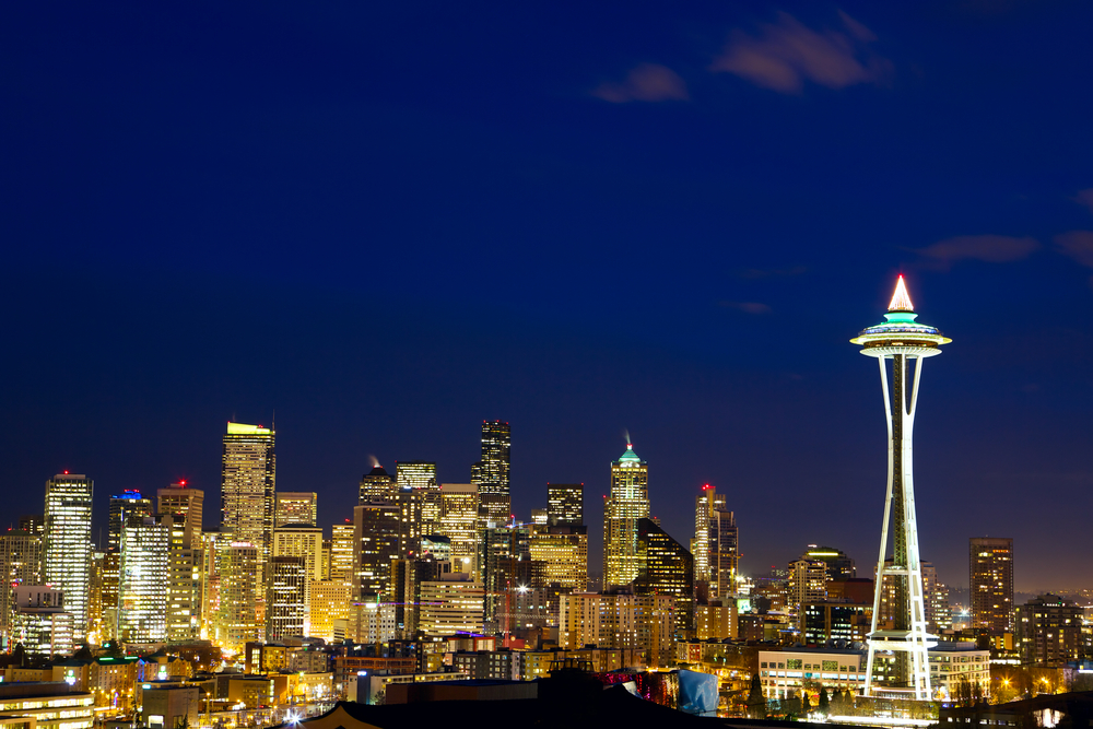 Seattle skyline at night with Space Needle and downtown skyscrapers illuminated