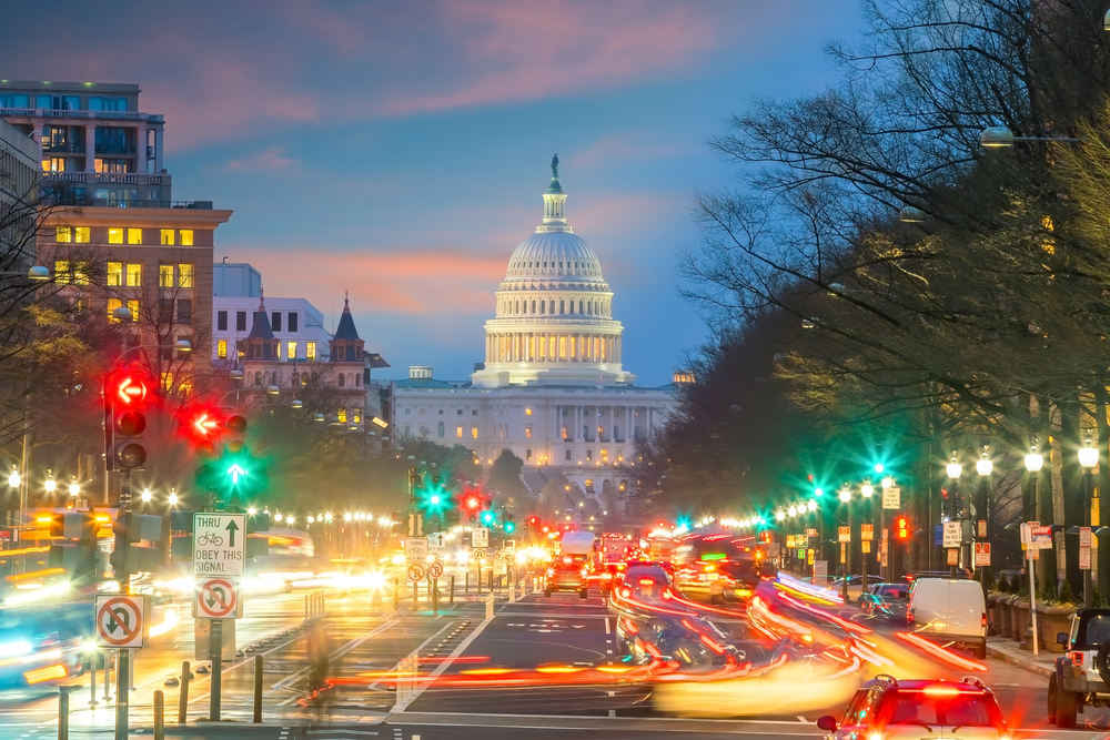 Aerial view of Washington DC skyline and monuments