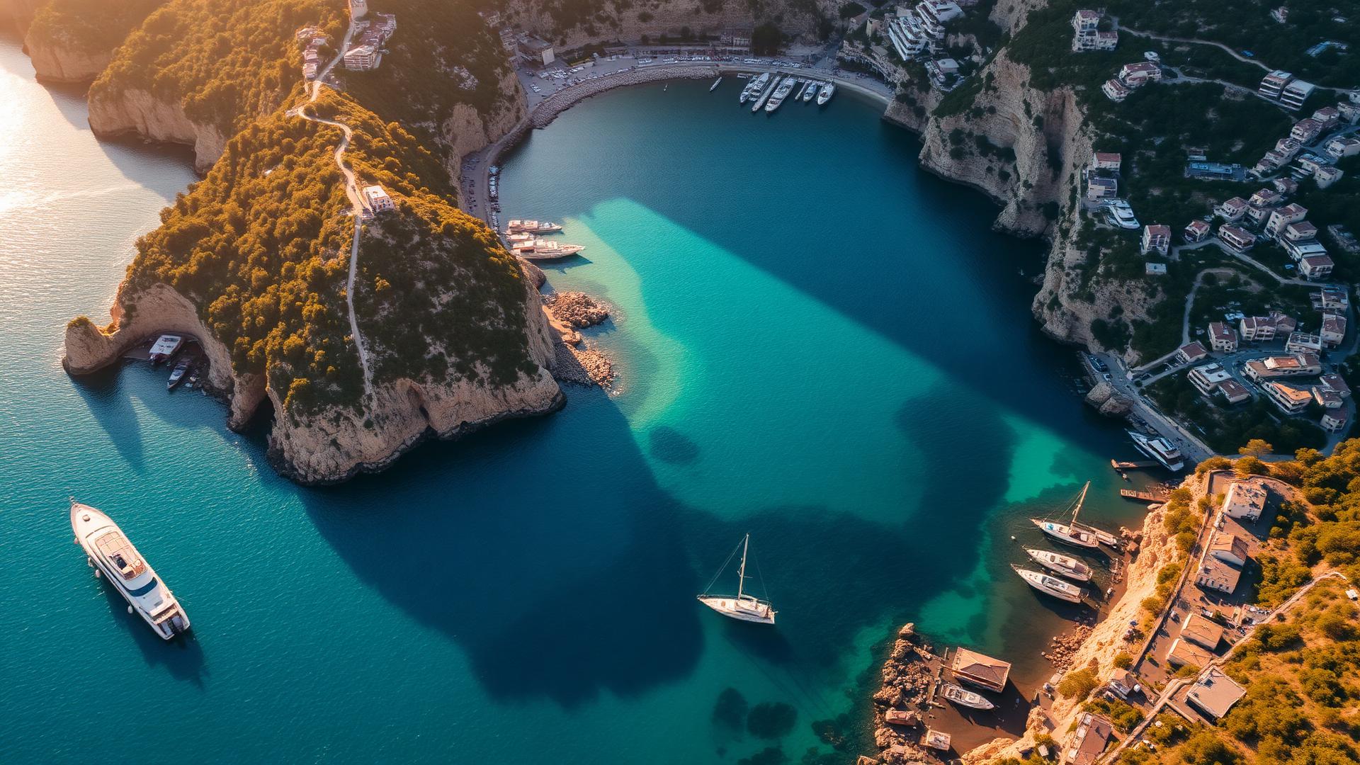 Aerial view of the French Riviera coastline with turquoise Mediterranean waters