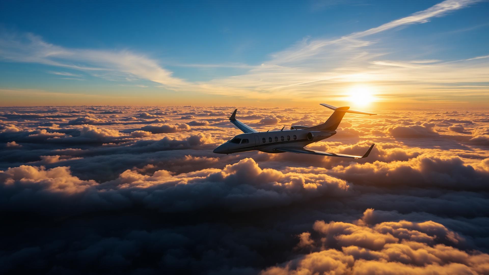 Luxury private jet flying above dramatic clouds at sunset