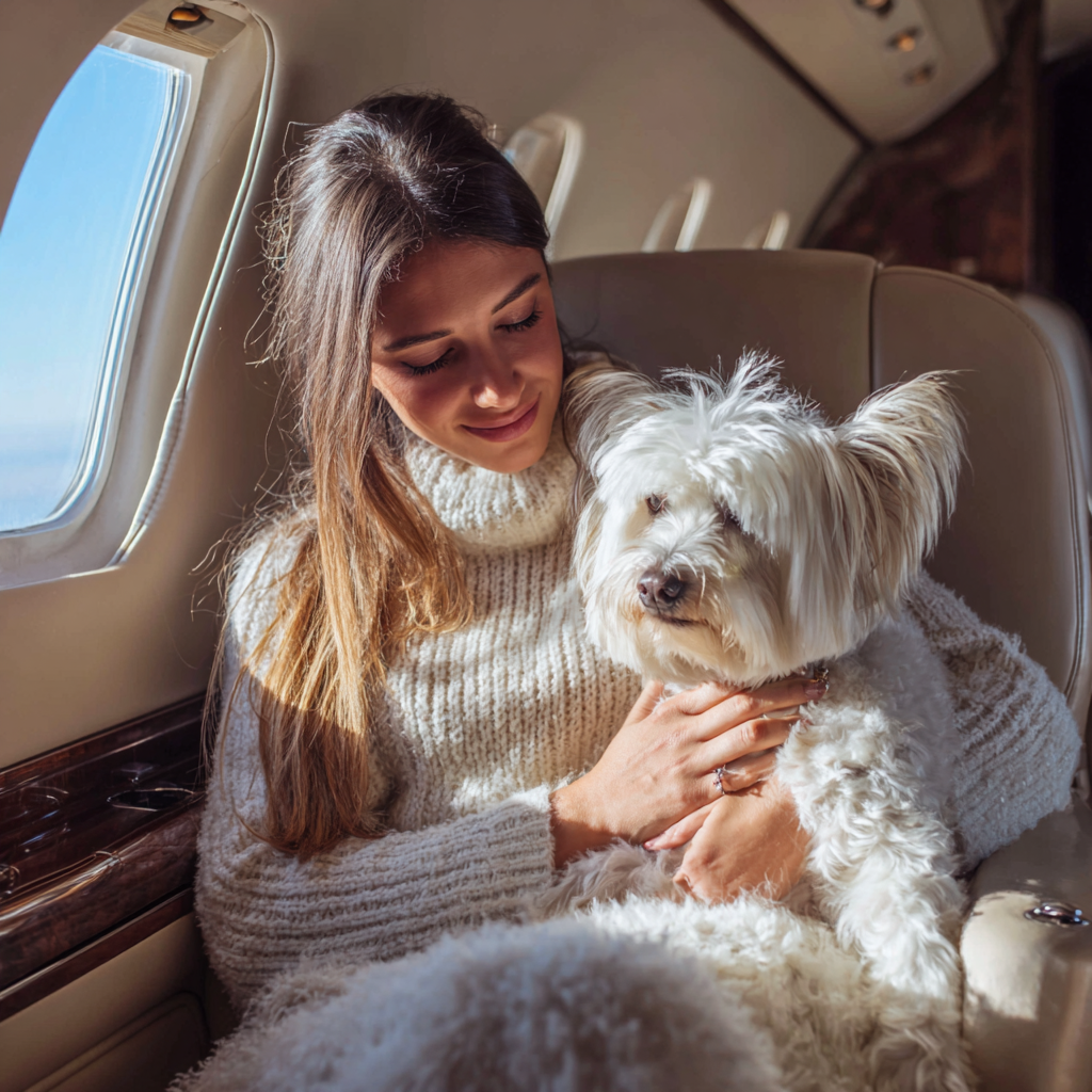 Pet-friendly private jet cabin — dog traveling in luxury with owner on charter flight
