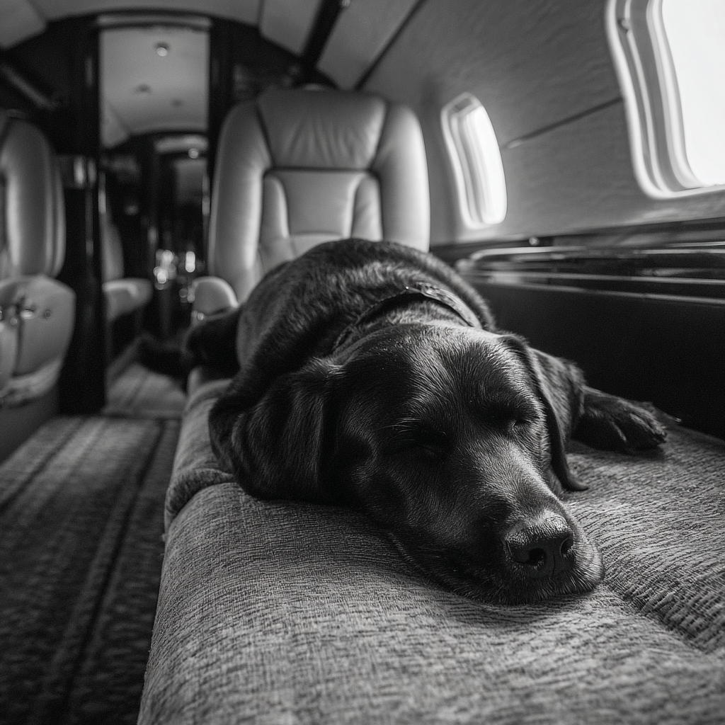 Dog sleeping peacefully on a private jet