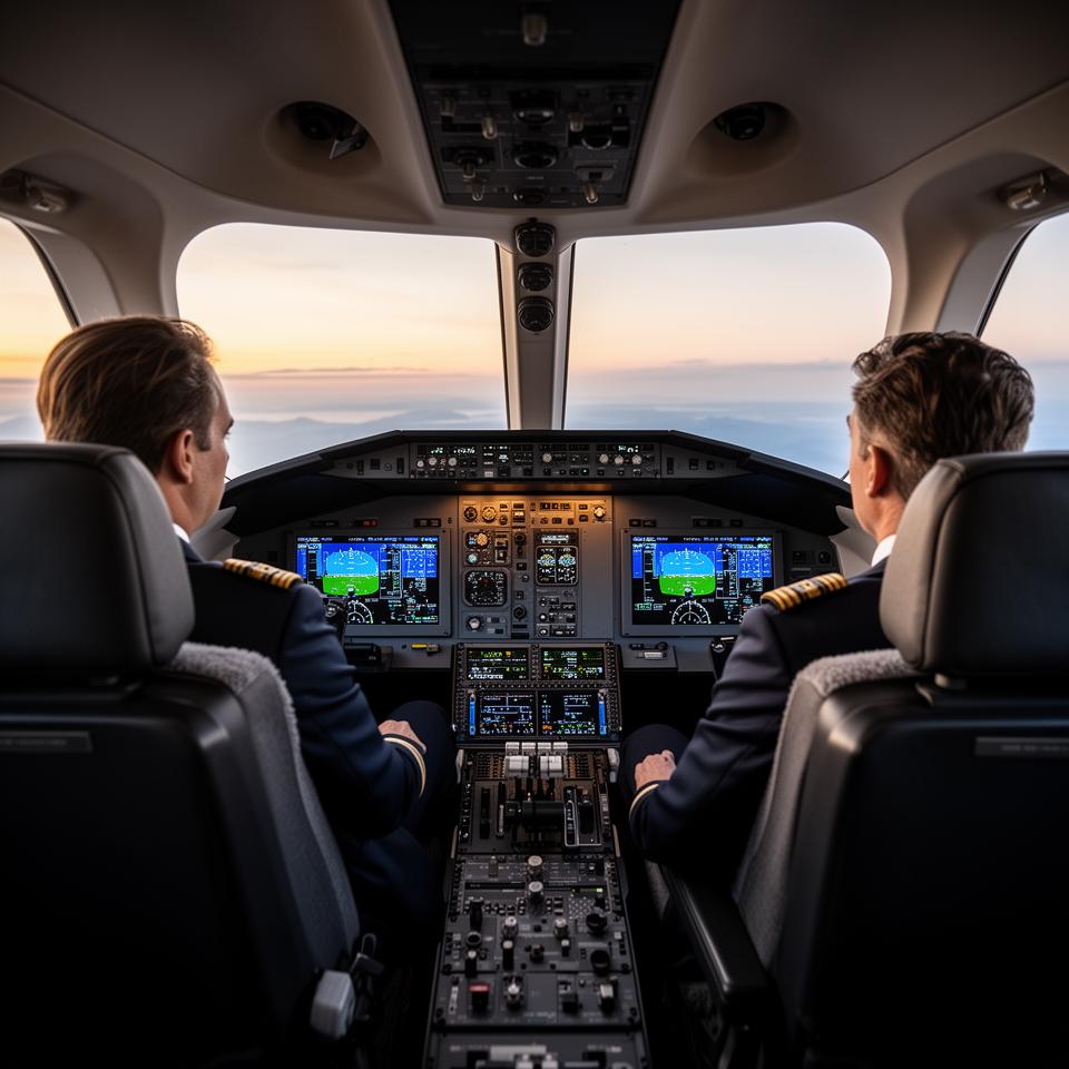 Two private jet pilots in cockpit — Haute Jets pilot standards and training