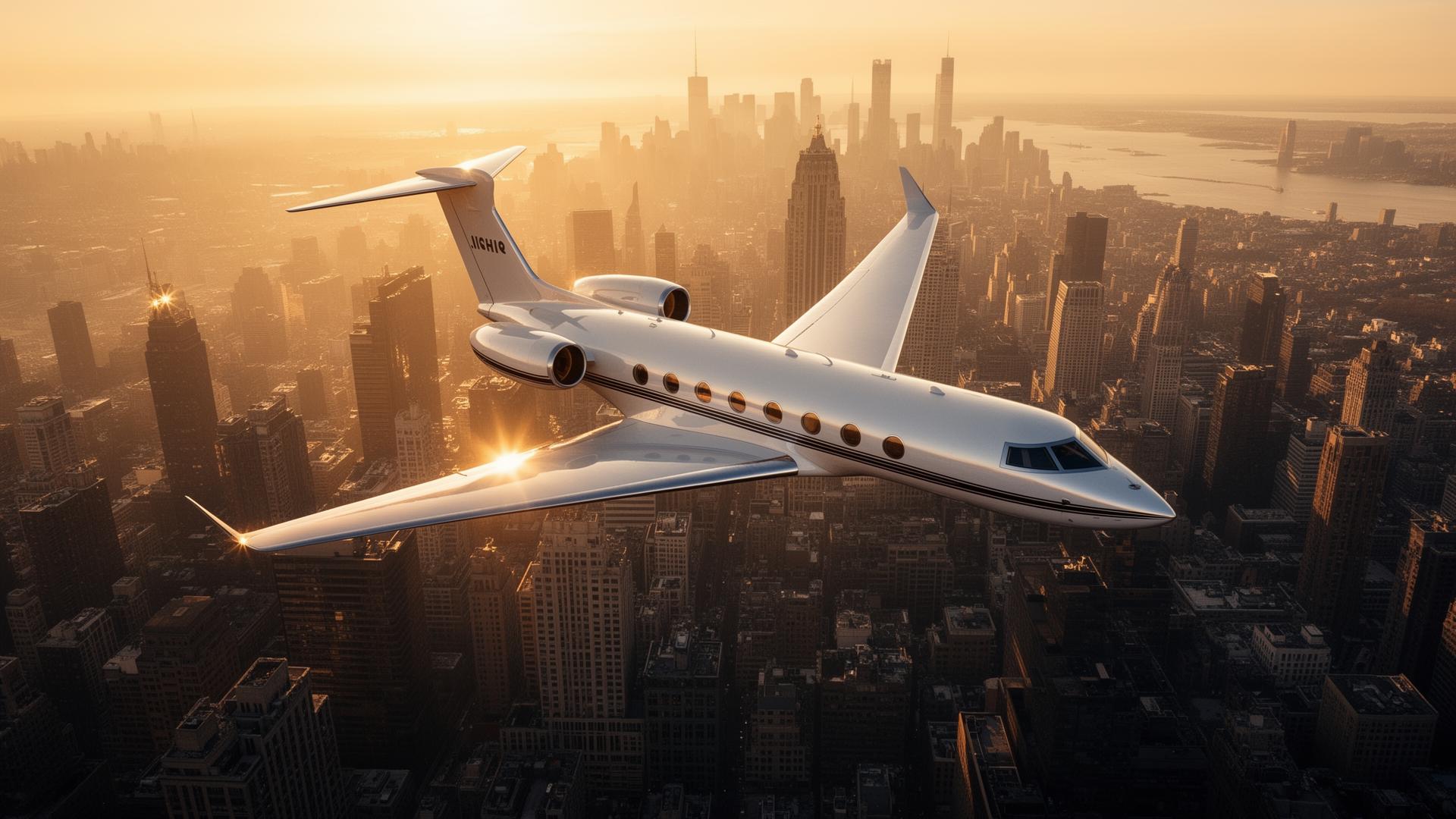 Private jet flying over a global financial capital at sunset