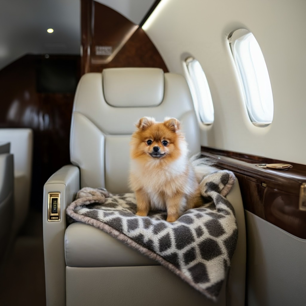 A golden retriever sitting calmly inside a luxurious private jet cabin with cream leather seats.