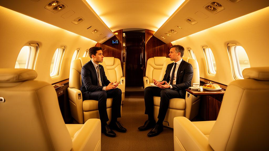 Two business professionals seated in a luxurious private jet cabin having a conversation.